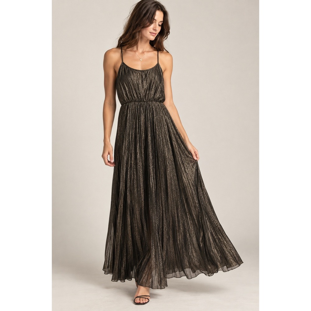 Lucky Brand Maxi Dress XS Metallic Charcoal Pleated Shimmer Glam Holiday Party